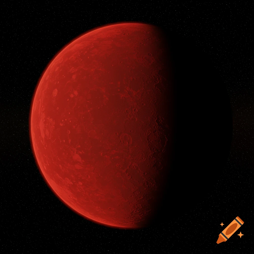 A red planet with craters partly in shadow against a starry black sky.