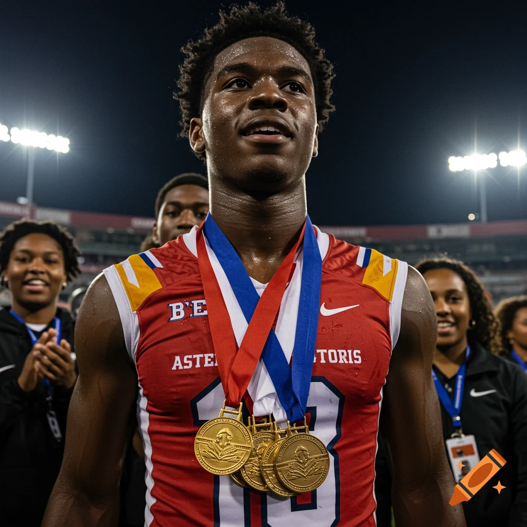 Black student athlete wearing medals in a stadium