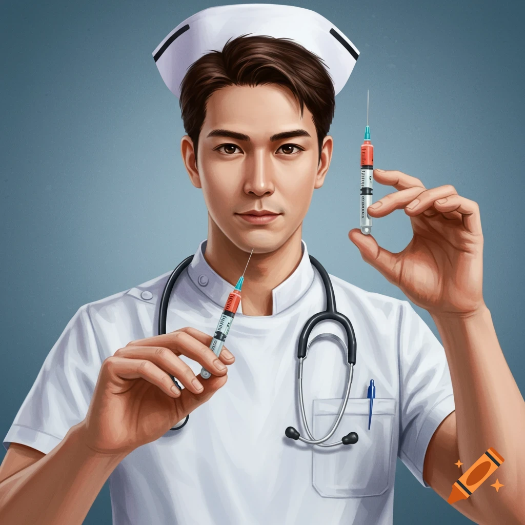 A male nurse is holding two syringes.