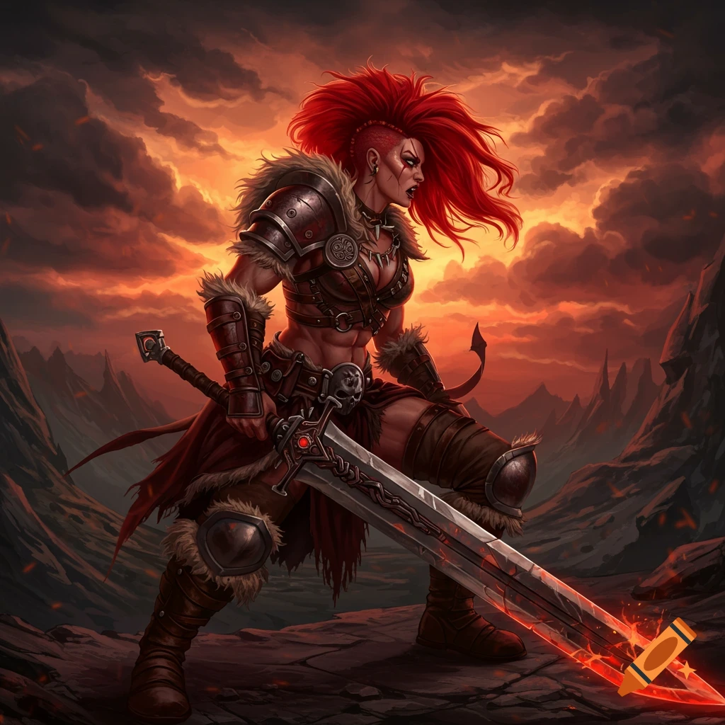 A red-haired female barbarian stands with a large sword on a rocky landscape under a dramatic sky.