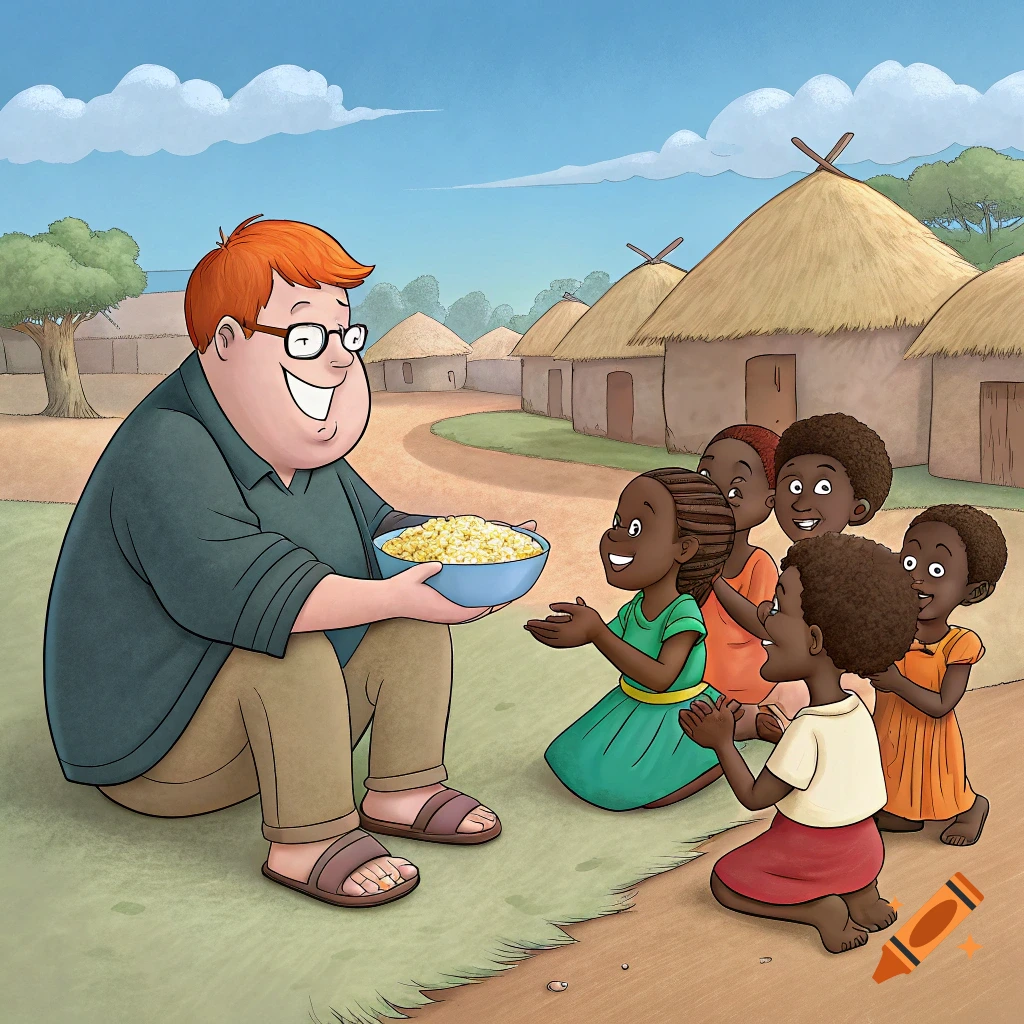 Cartoon man feeds a bowl of popcorn to children in an African village.