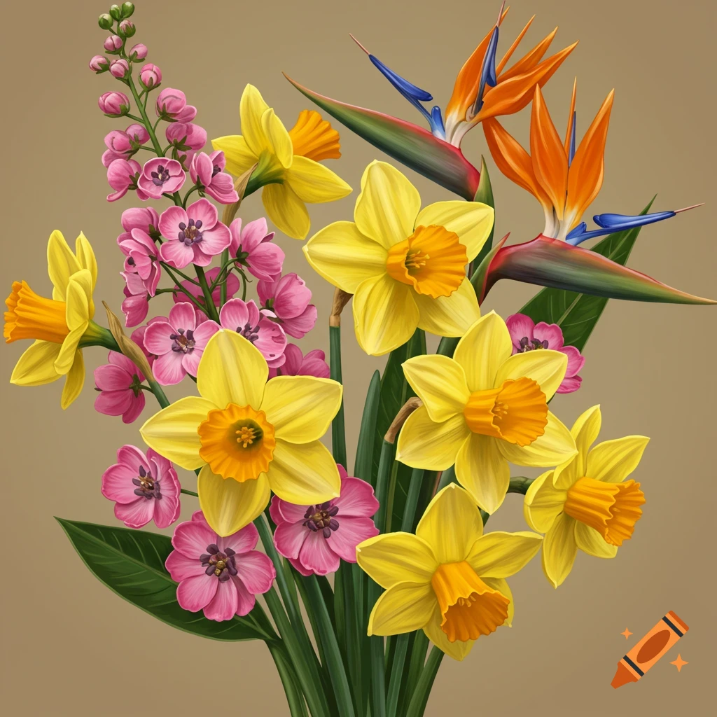 A bouquet of yellow daffodils, pink larkspur, and orange birds of paradise flowers.