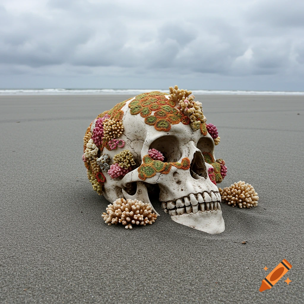 A human skull covered in colorful coral rests on a gray sandy beach under a cloudy sky.