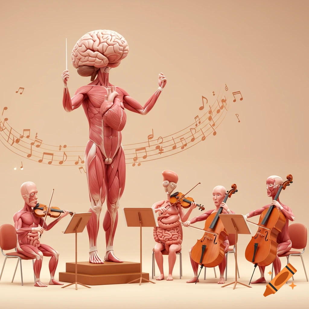 Stylized anatomical figures play and conduct an orchestra with musical notes floating around.