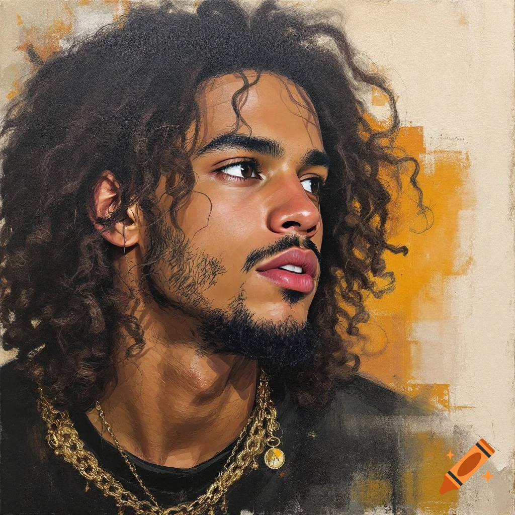 A painted portrait of a young man with curly hair and gold chains.