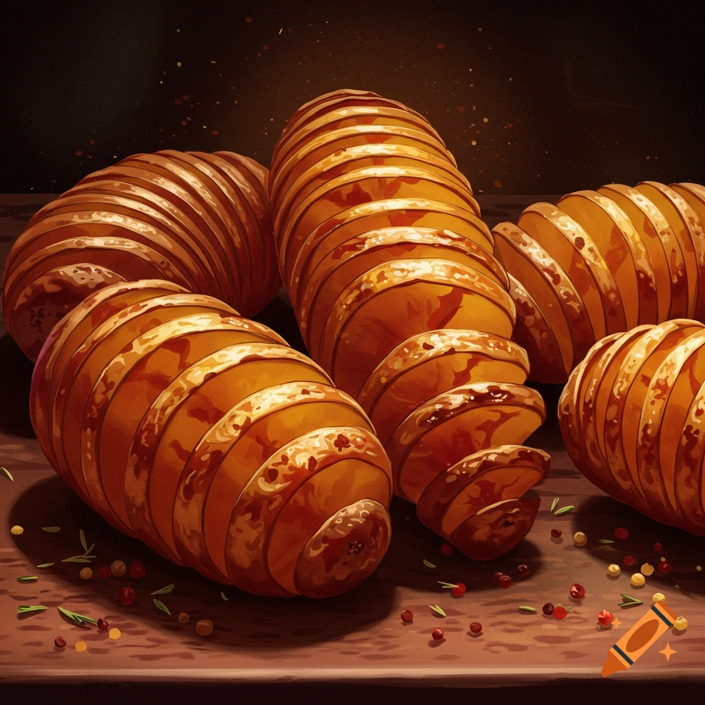 A dish of spiral-sliced potatoes is presented on a wooden surface, accompanied by herbs and spices.