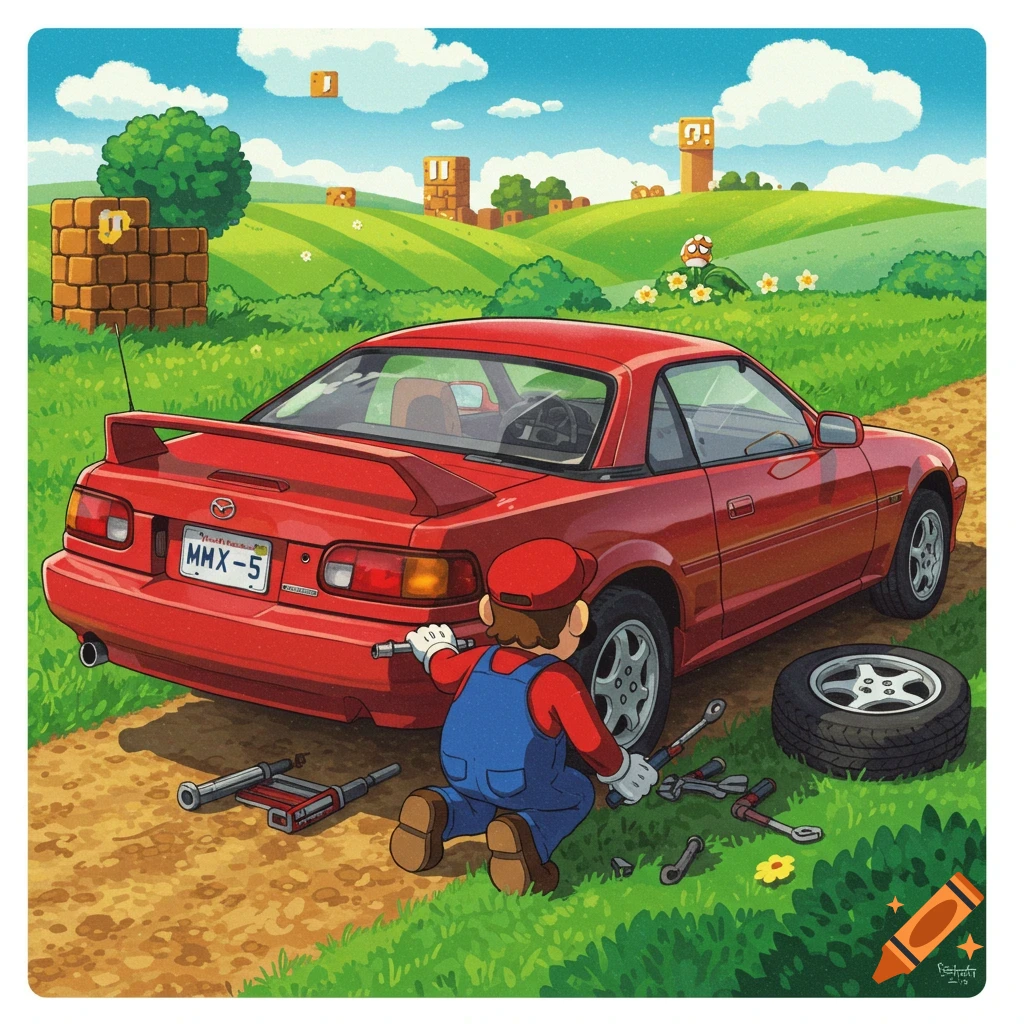 Mario changes a tire on a red car in a Super Mario Bros. landscape.