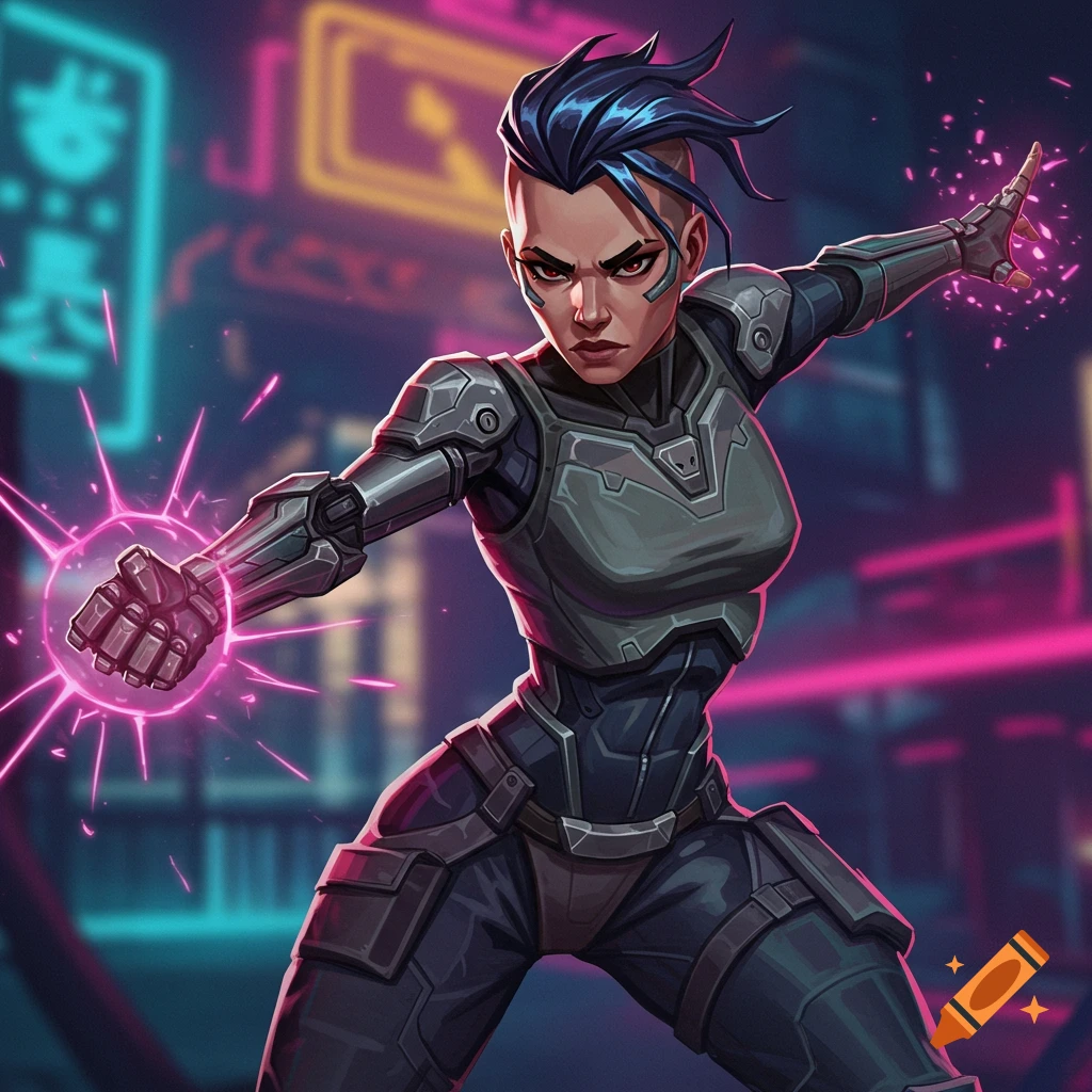 A woman in futuristic armor generates pink energy in a neon cyberpunk setting.