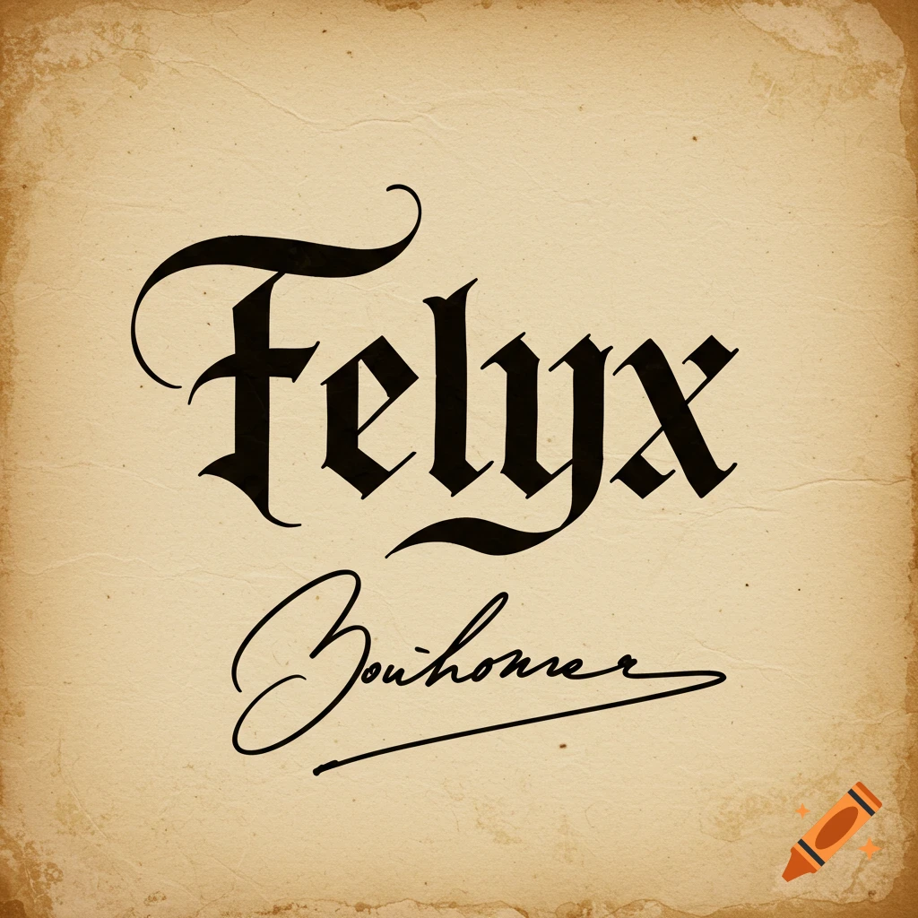 The name Felyx in gothic script with a signature below on a vintage parchment background.