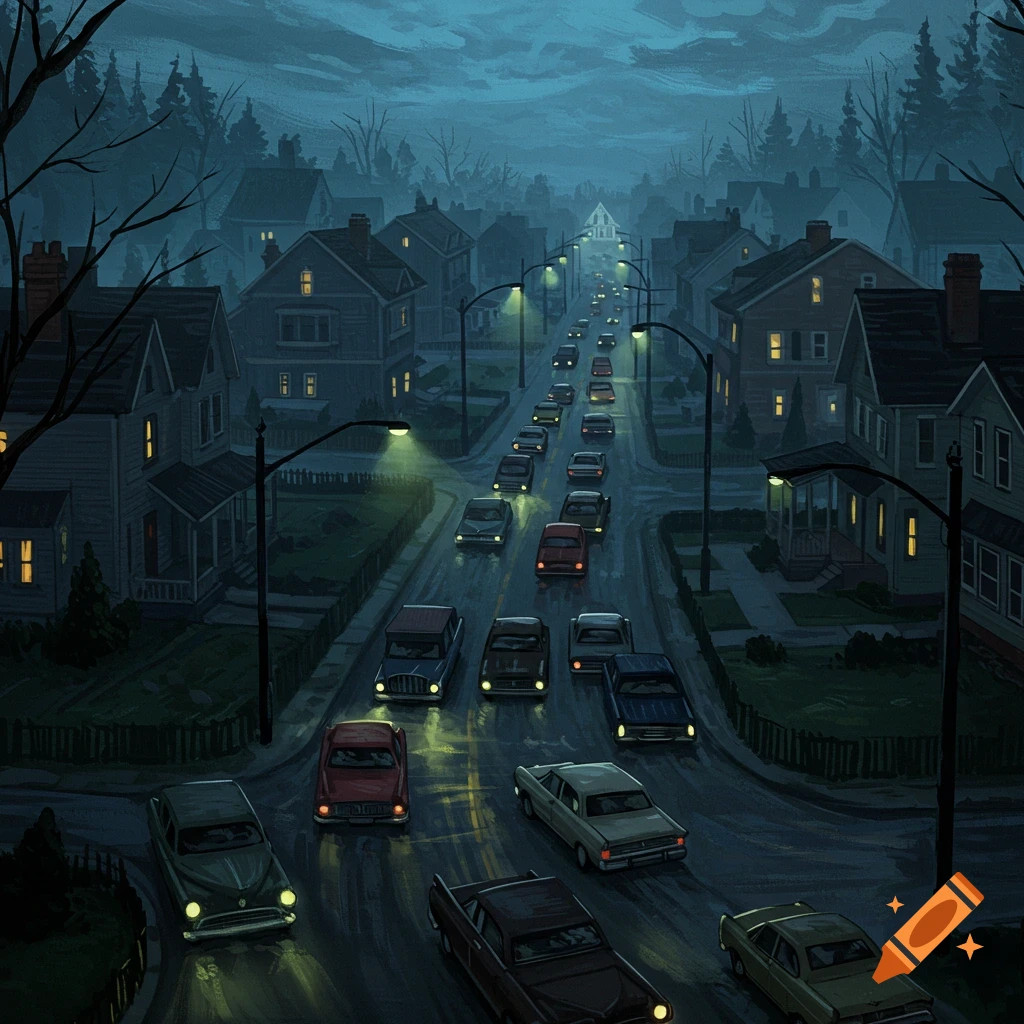 A dark, moody illustration of a suburban street at night with cars driving and lights on in the houses.