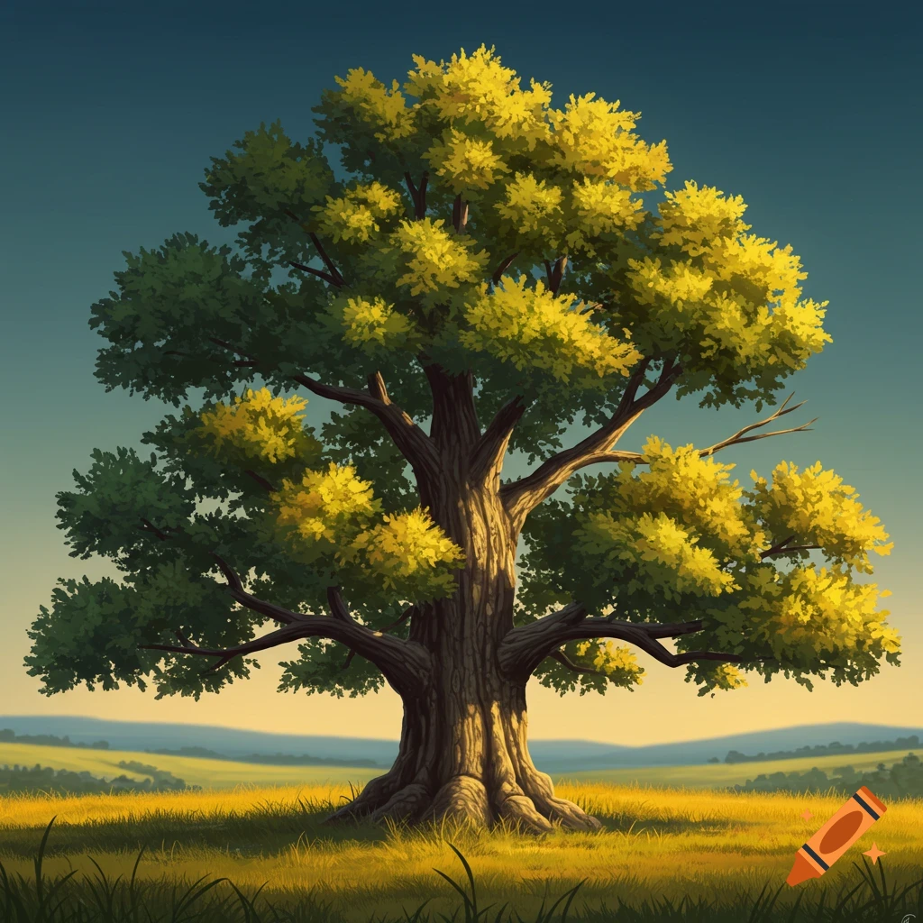 A large tree in a sunlit field with hills in the background.