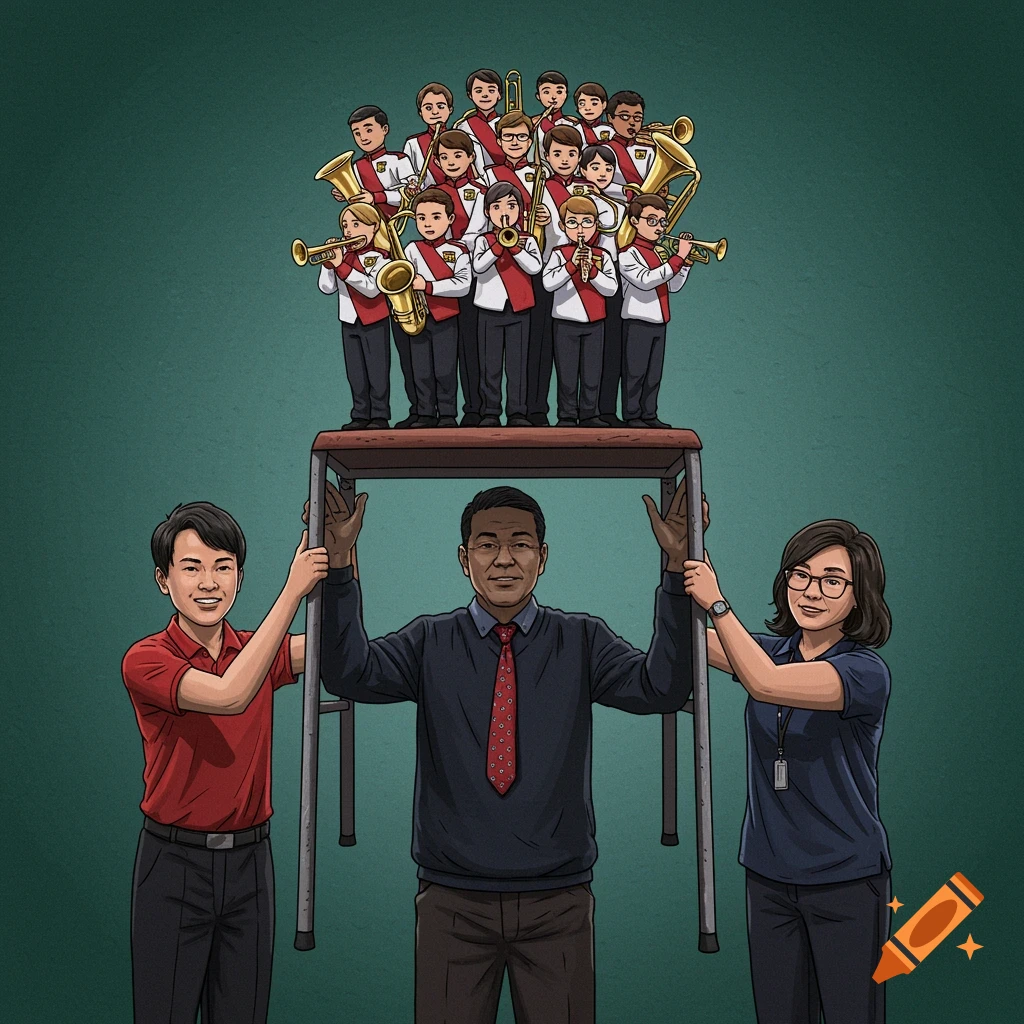A digital illustration shows three adults holding up a table with a marching band of children standing on top.