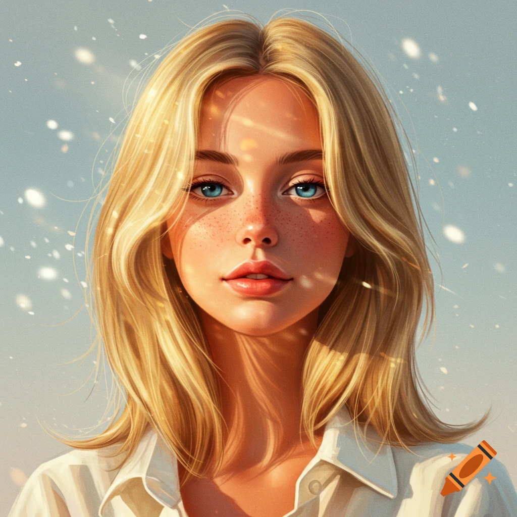 Image of a blonde woman with blue eyes, freckles, and sunlight