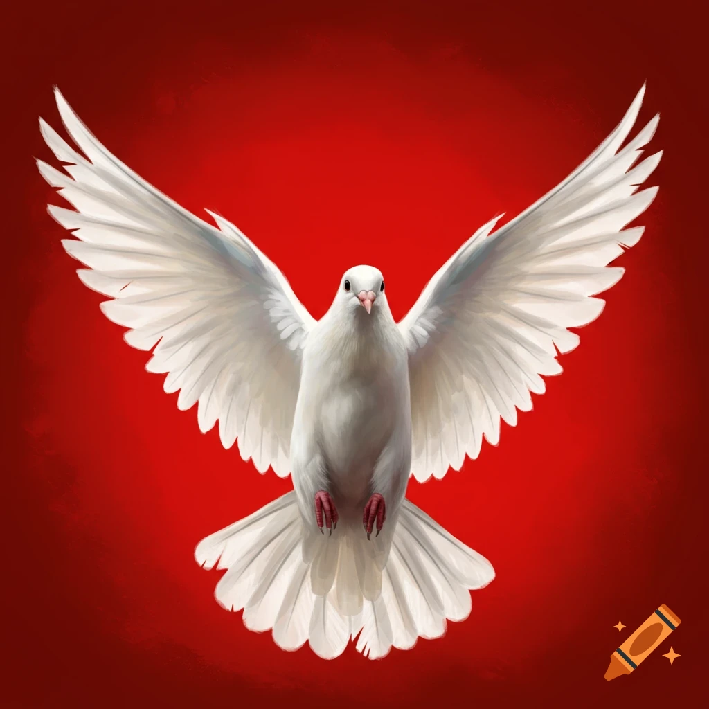 A white dove flies with wings spread against a red background.