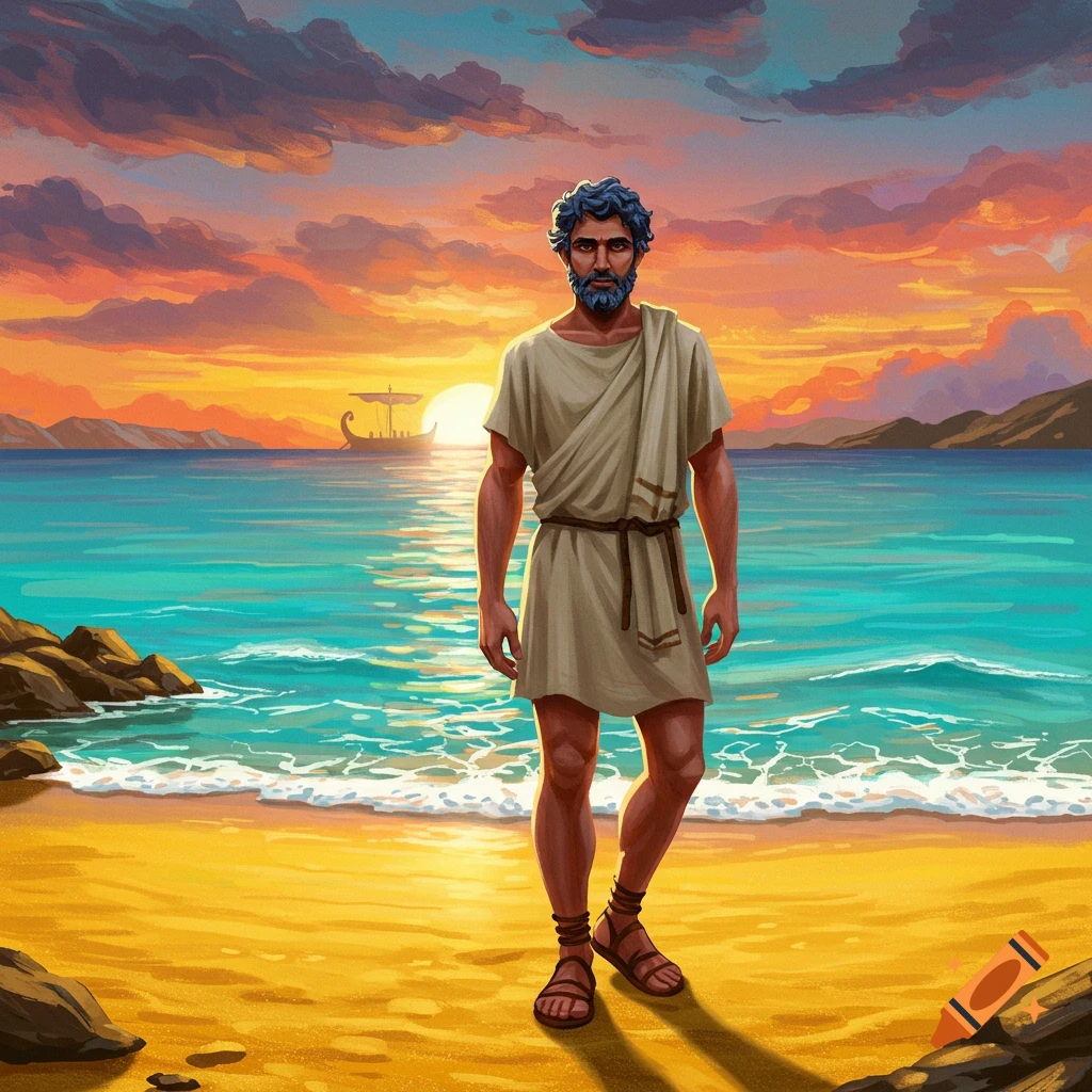 A man in a toga is standing on a beach at sunset with a ship in the distance.