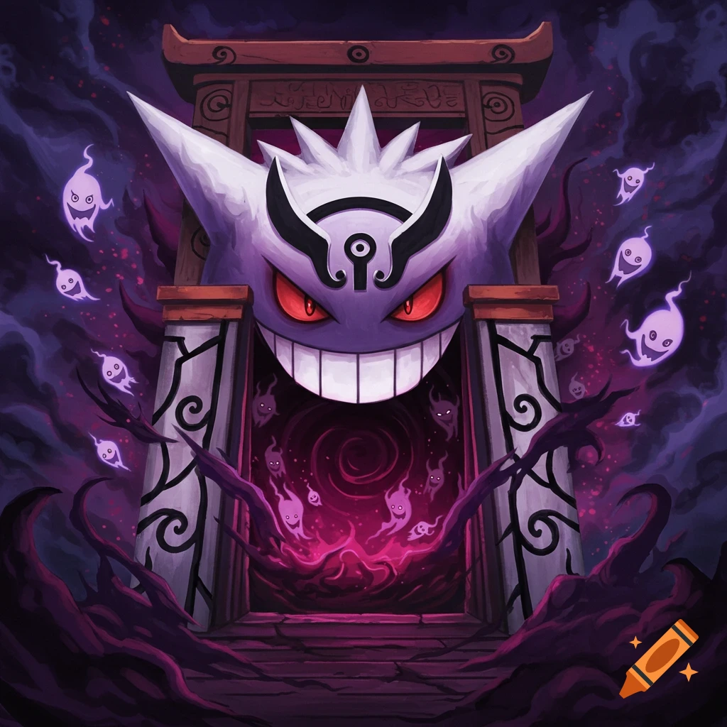 Illustration of Mega Gengar as a spooky gate with floating ghosts