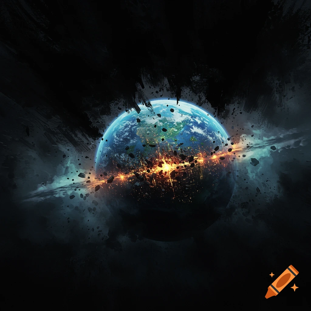 A planet breaking apart with fiery destruction and debris in space.