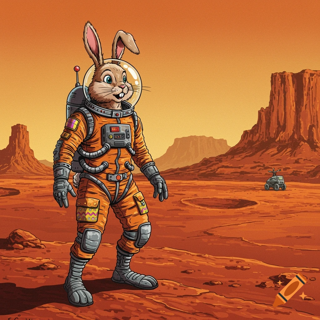 Easter Bunny in an orange spacesuit stands on the Martian surface in a pulp sci-fi illustration style.