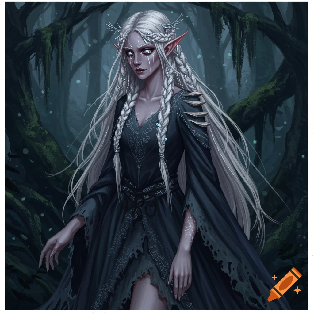An eerie white-haired elf in a dark forest.