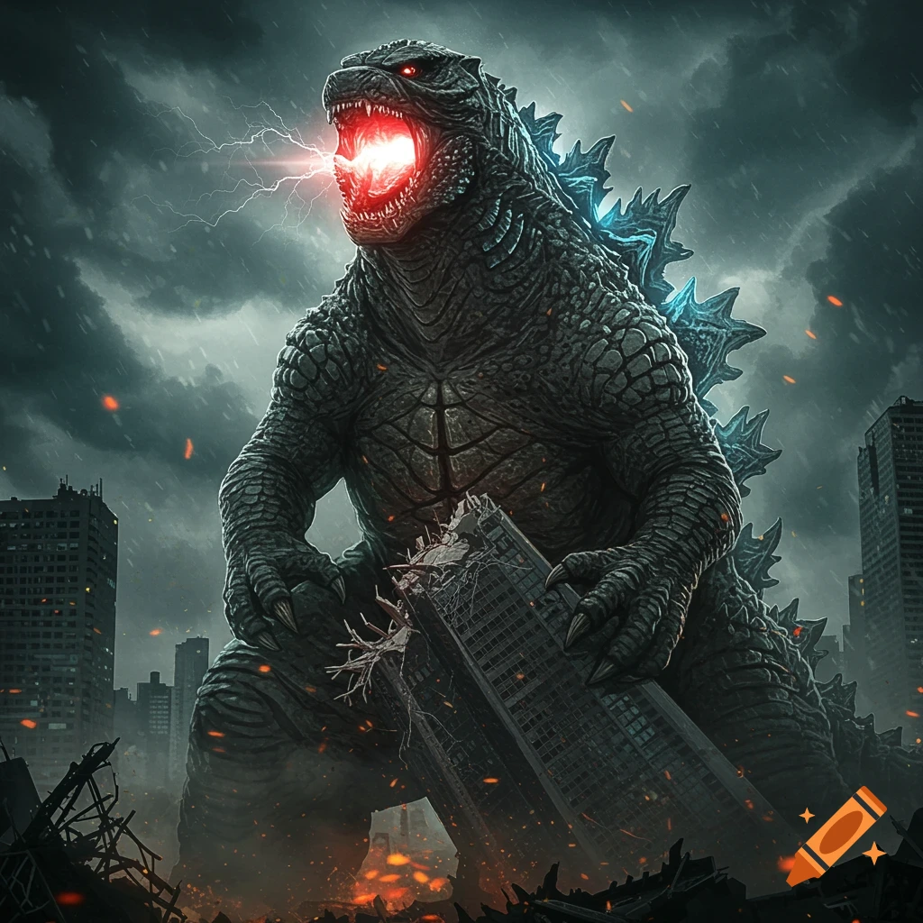 Godzilla attacks a city, crushing a building and firing atomic breath in a stormy sky.
