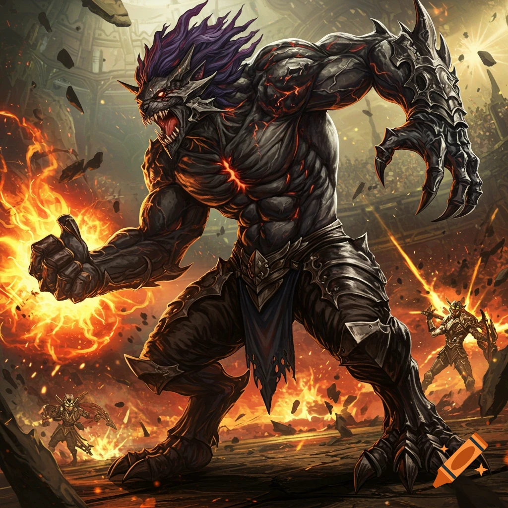 Large monster fighting small figures in a fantasy arena