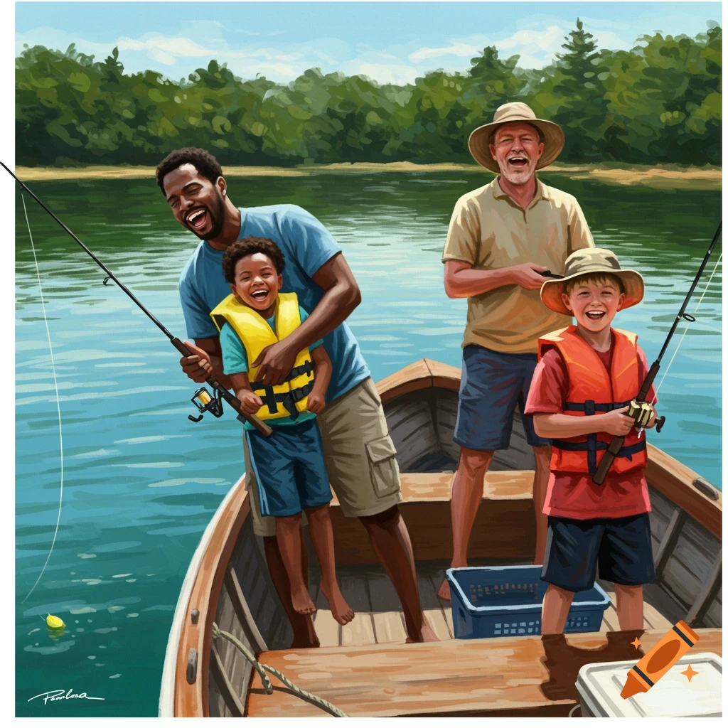 Two families are fishing from a boat on a lake.