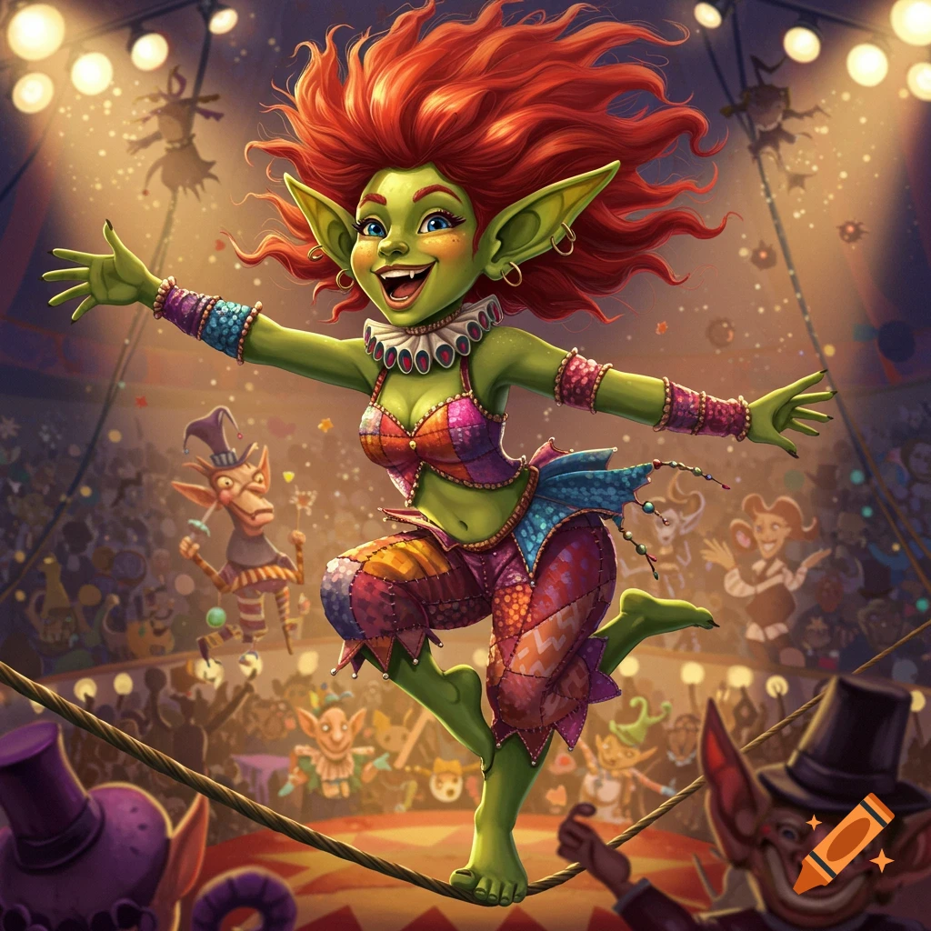A female goblin circus dancer balances on a tightrope with a crowd in the background.