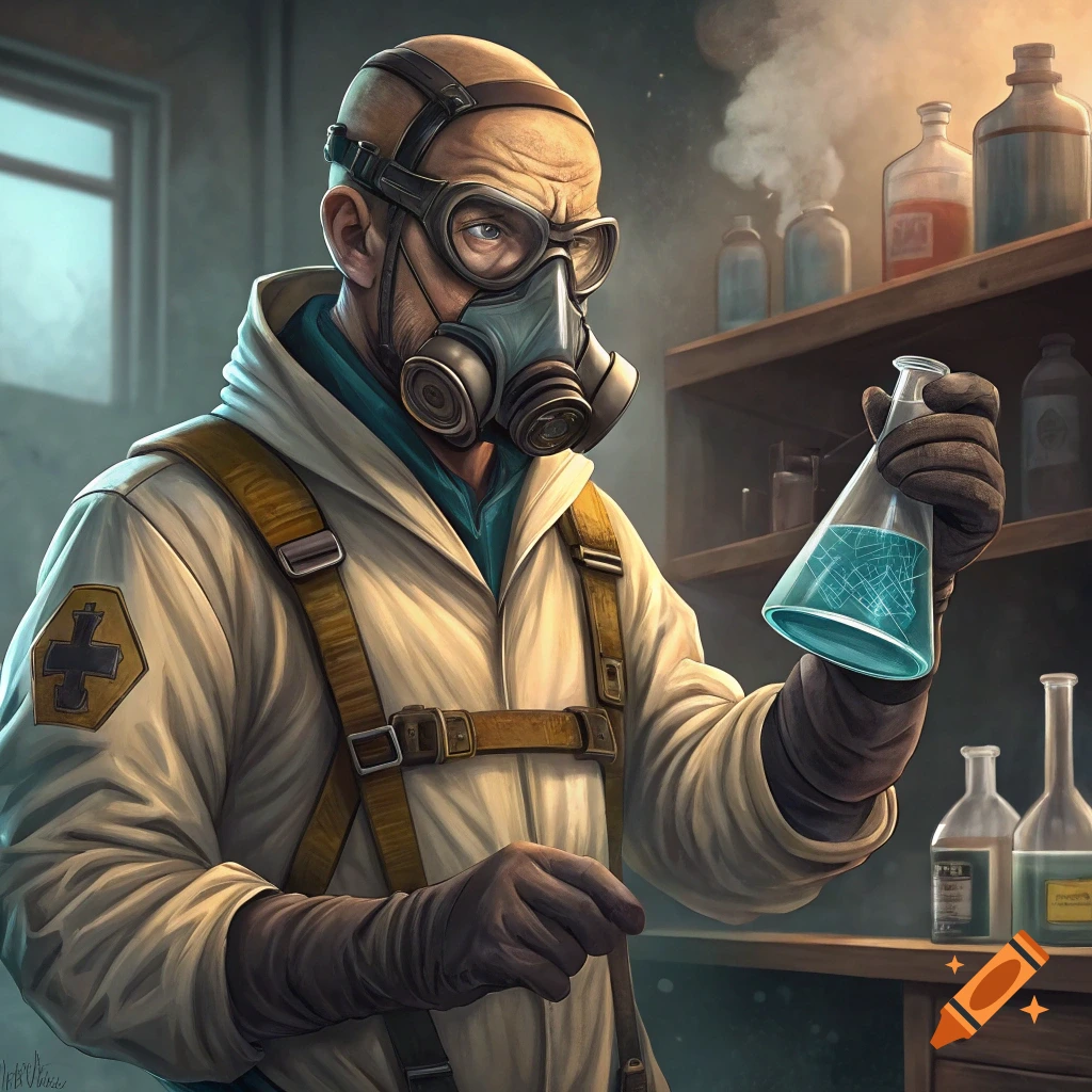 A stylized illustration of a man wearing a gas mask, goggles, and lab coat, holding a beaker of blue liquid in a laboratory.