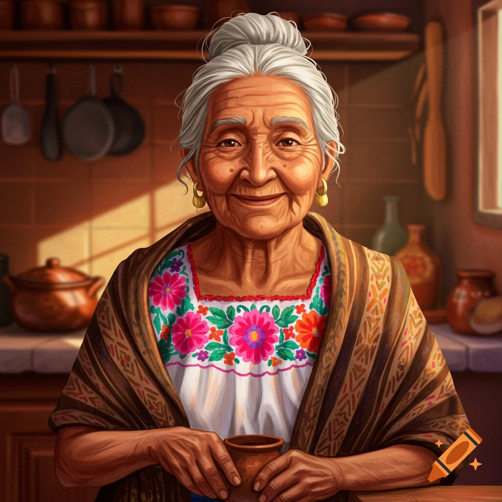 A smiling old Mexican woman in a kitchen, wearing traditional clothing and holding a cup.