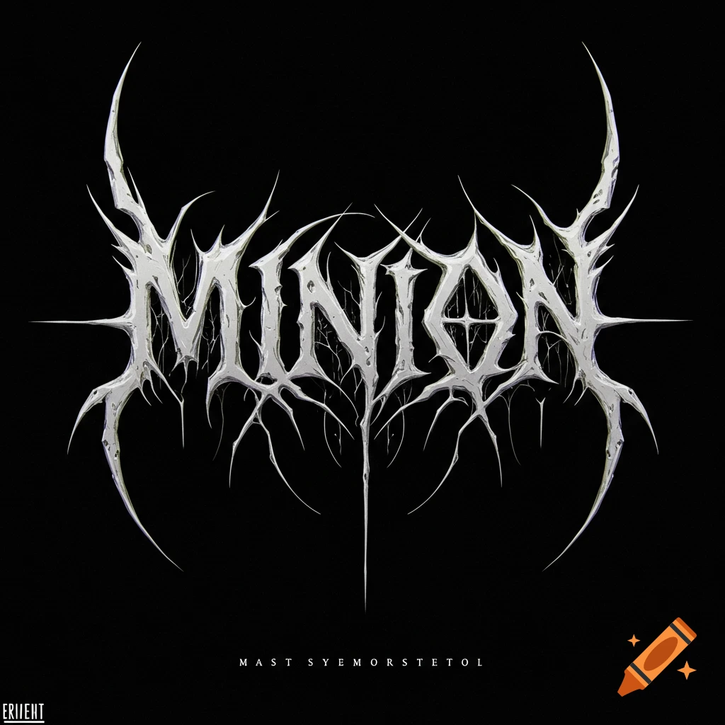 Stylized heavy metal band logo for "MINION" with spikey white letters and branch-like elements on a black background.