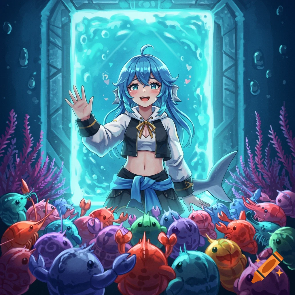 Anime girl with blue hair waving goodbye to colorful crab creatures underwater with a bright portal behind her.