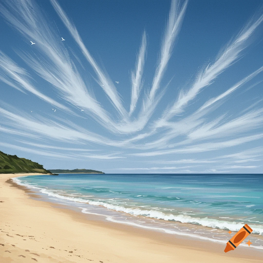A sandy beach with ocean waves under a blue sky with dramatic streaking clouds.