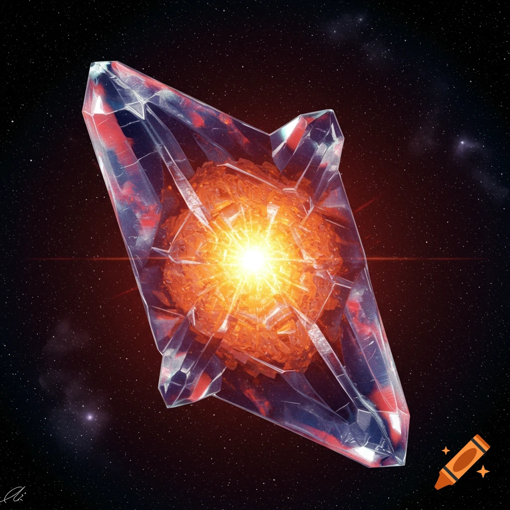 A glowing, faceted crystalline object floating in space among stars.