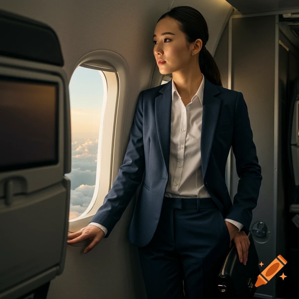 A business woman looks out an airplane window at sunset.