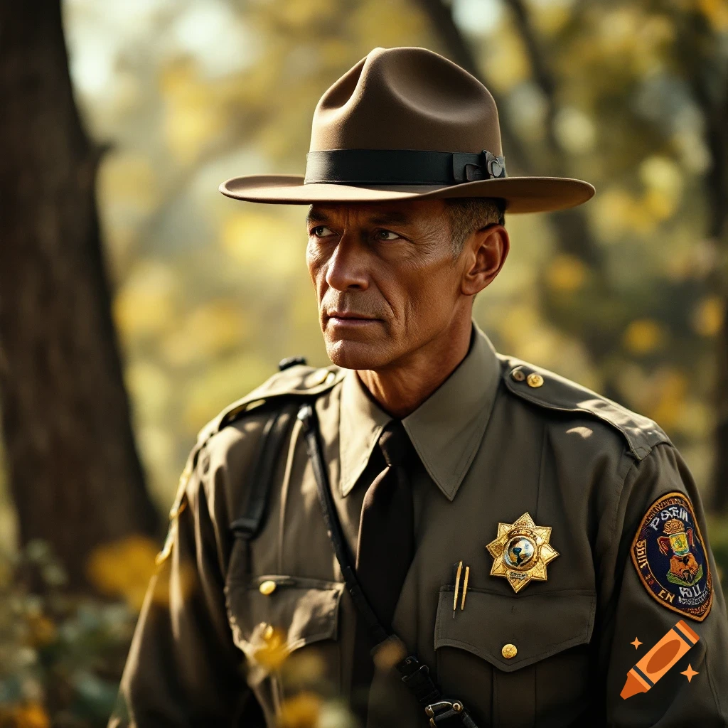 A man in a park ranger uniform and hat stands outdoors in autumn light.