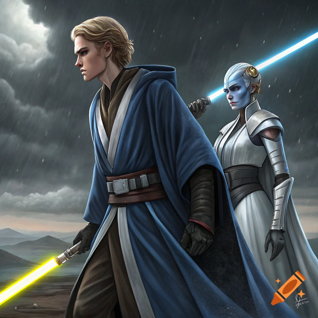 Two characters resembling Anakin Skywalker and Asajj Ventress in a rainy landscape with lightsabers.