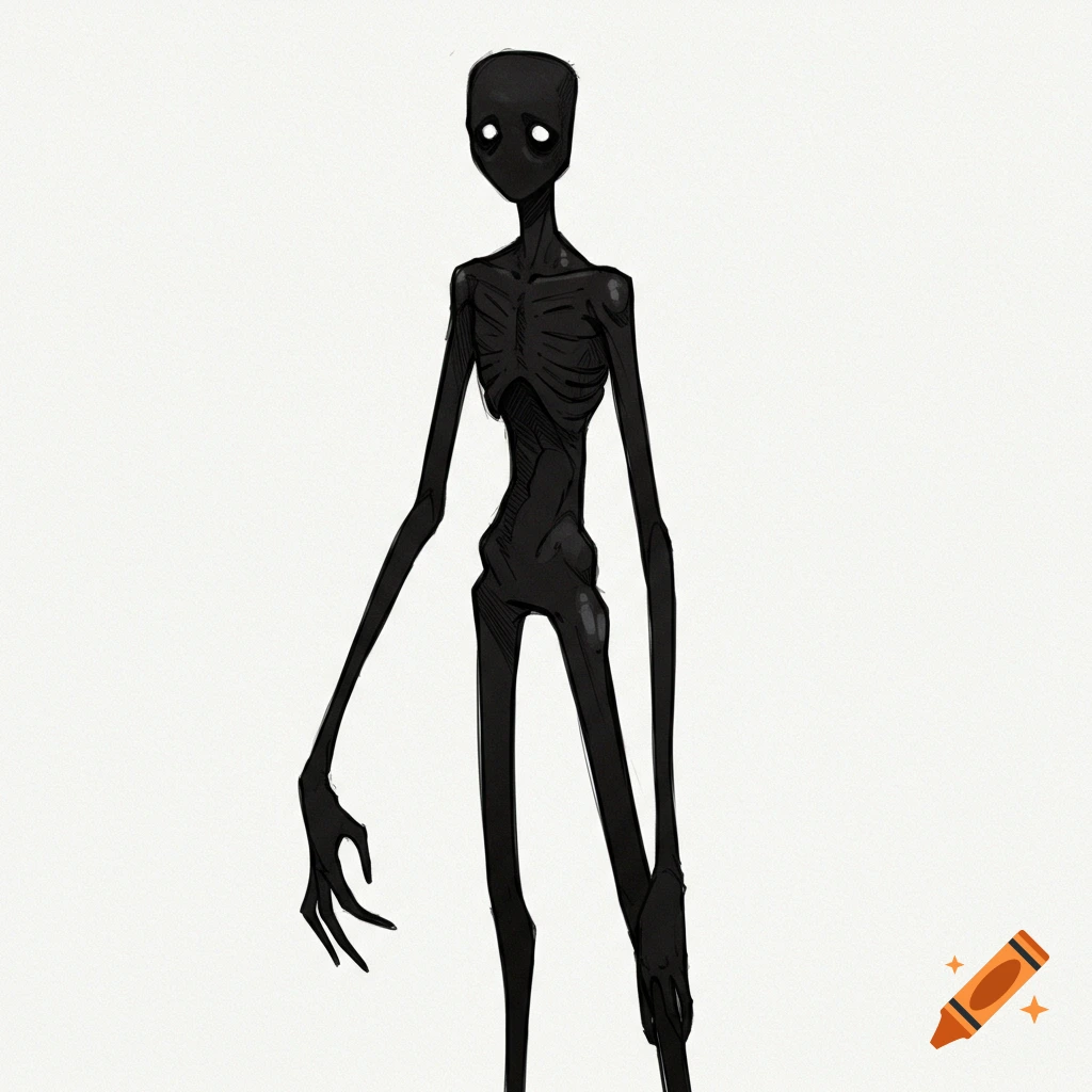 A sketchy drawing of a tall, thin, black figure with white eyes.