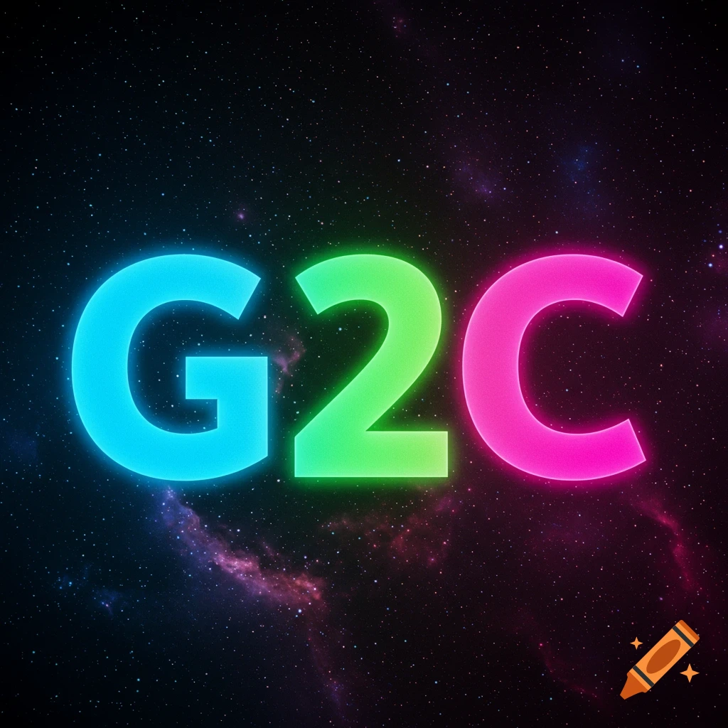 Large glowing G2C letters in blue, green, and pink against a starry space background.
