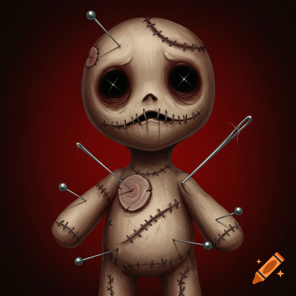 Stylized voodoo doll with big eyes, stitches, and needles stuck in it on a red background
