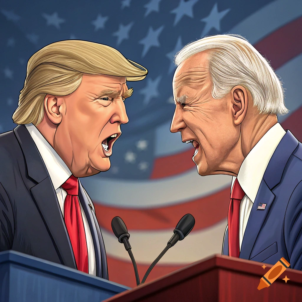 Cartoon illustration of Donald Trump and Joe Biden shouting at podiums in front of an American flag.