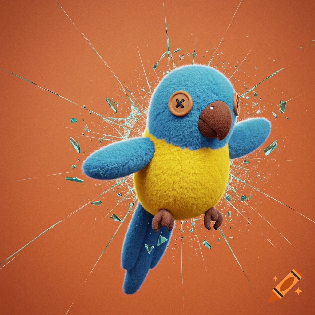 A blue and yellow stuffed bird breaking through glass.