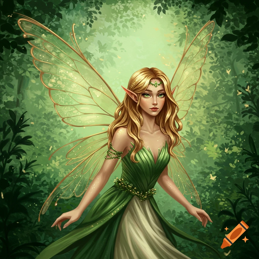 A blonde fairy with green wings and a green dress is in a forest.