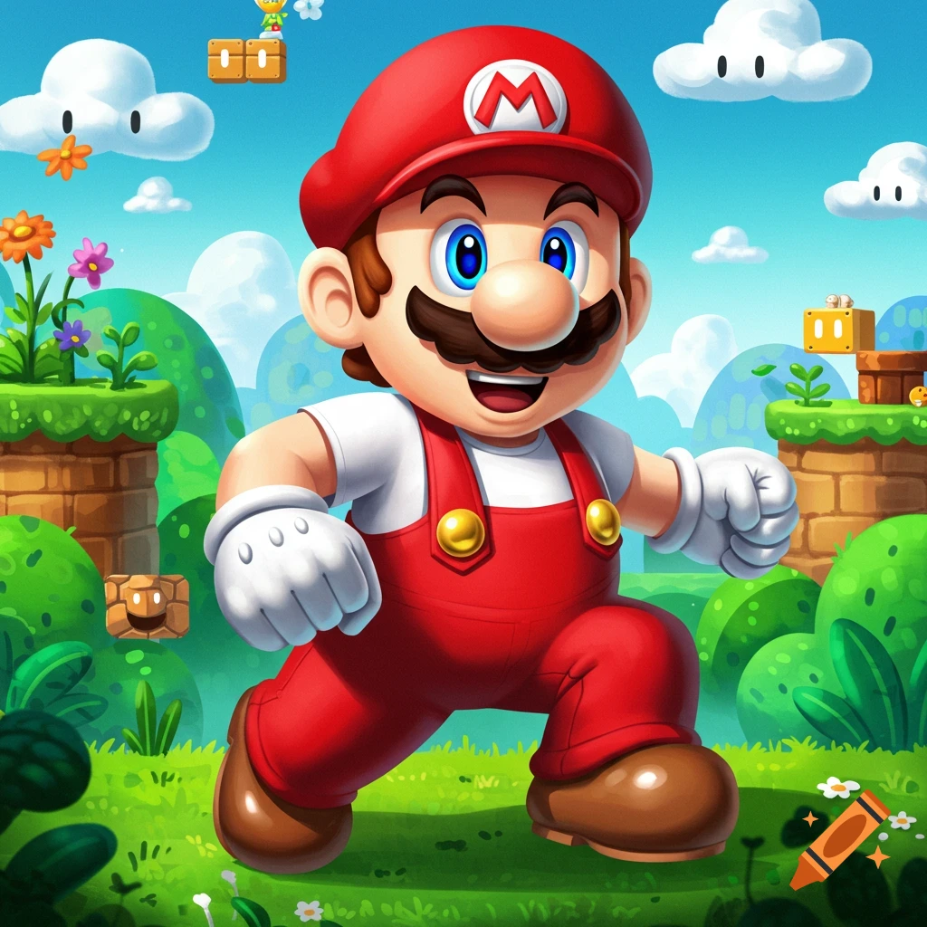 Cartoon of Mario running in a Super Mario Bros. game environment.