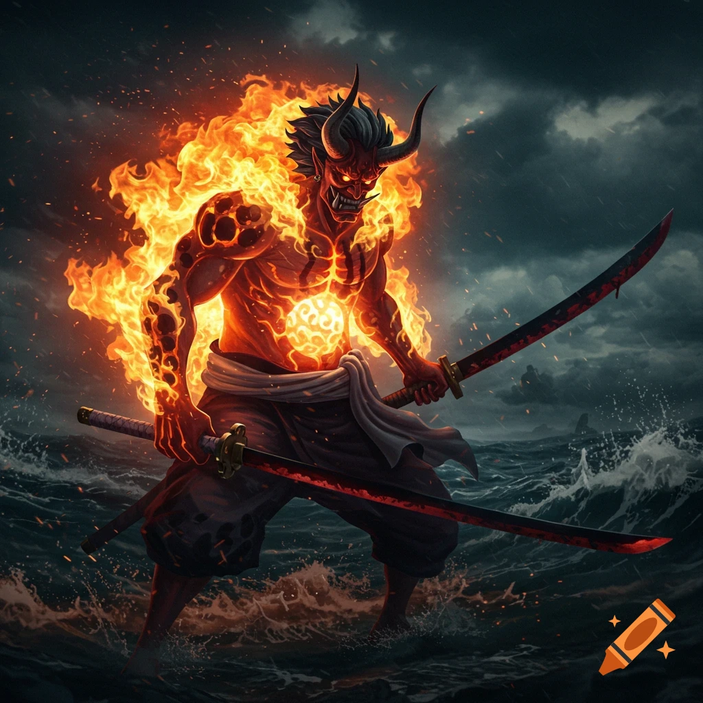 Demonic figure wreathed in fire stands in the sea, holding two swords.
