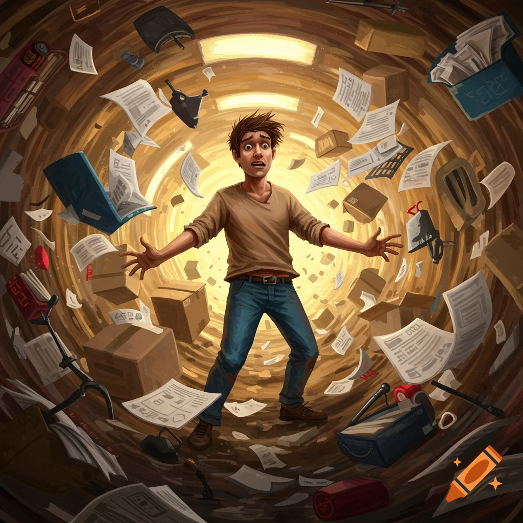 A man is surrounded by papers and boxes flying in a swirling vortex.