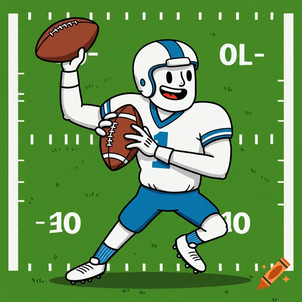 A cartoon football player in a white and blue uniform stands on a football field holding two footballs.