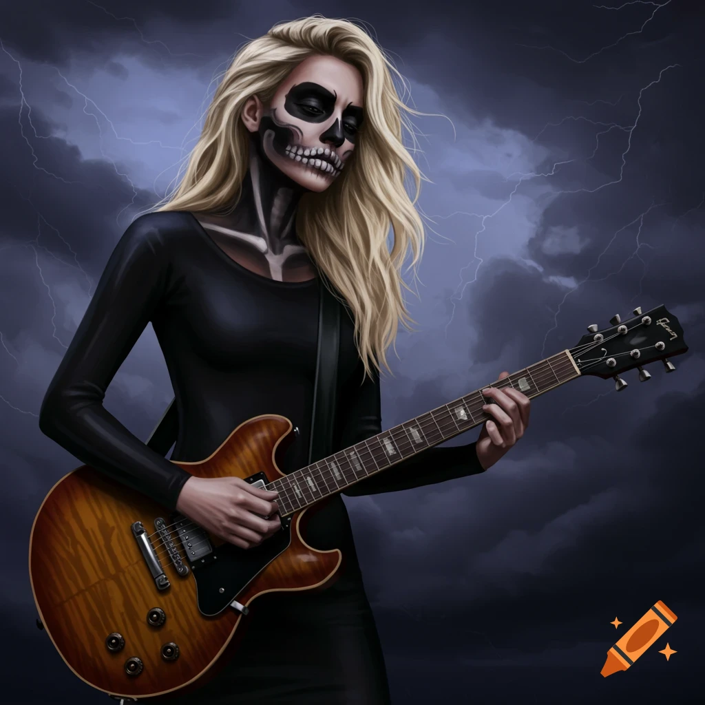 A woman with skull face paint plays an electric guitar under a stormy, lightning sky.