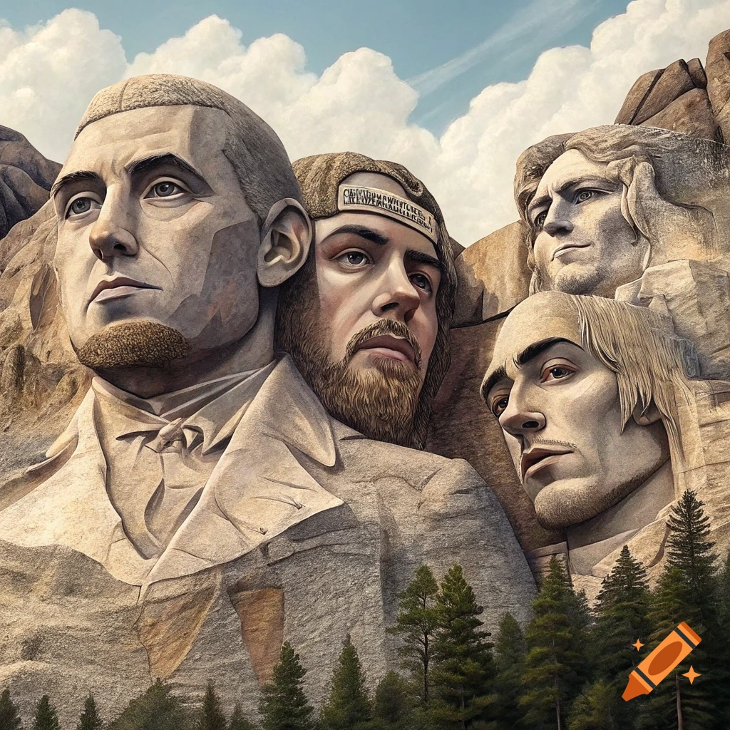Mount Rushmore carved with the faces of four musicians.