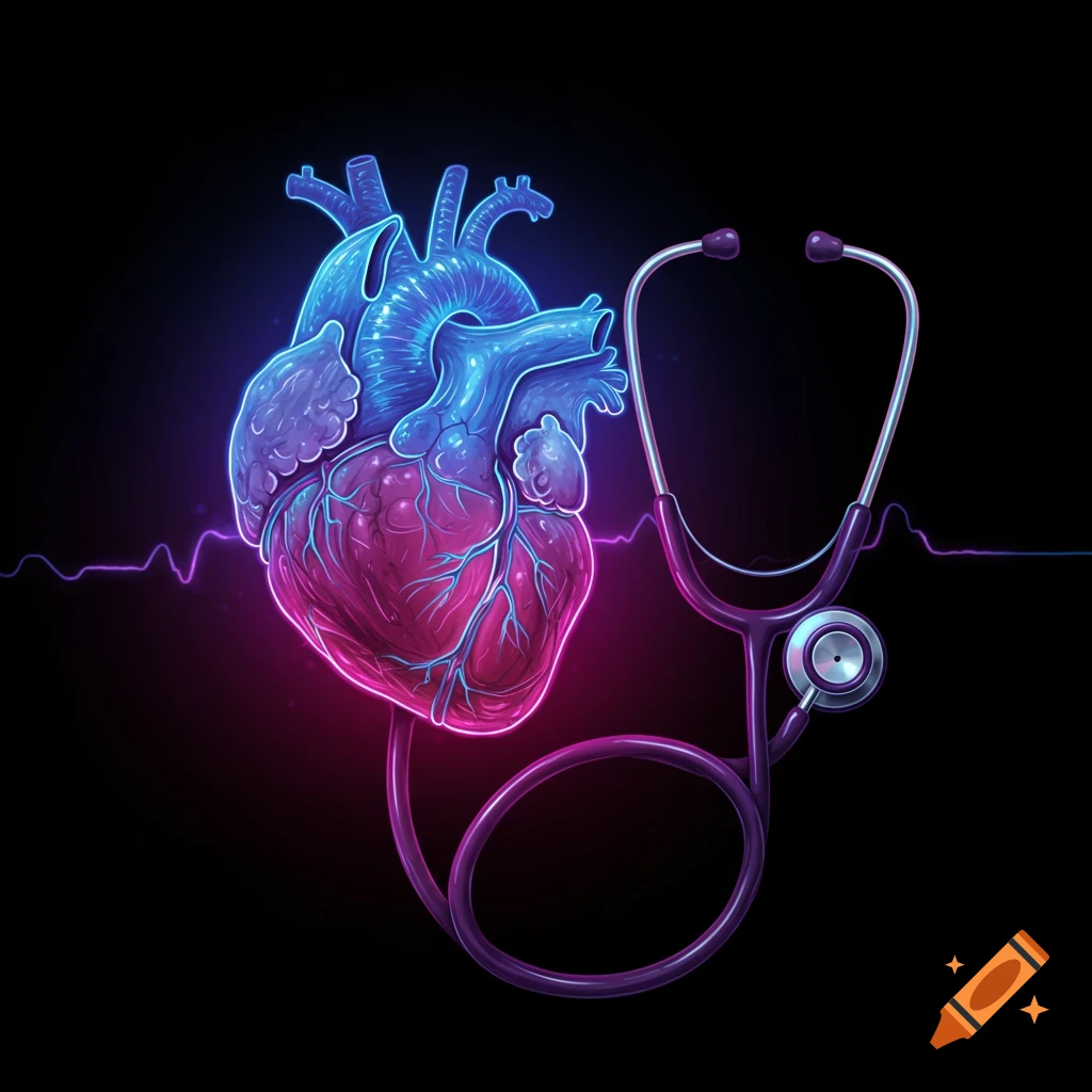 A glowing anatomical heart with a stethoscope wrapped around it, against a dark background.