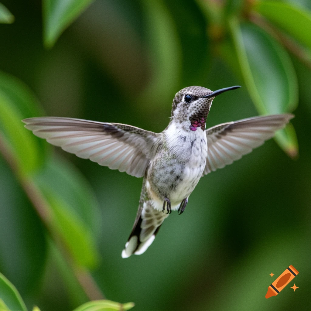 A hummingbird hovers in the air with wings outstretched against a green leafy background.
